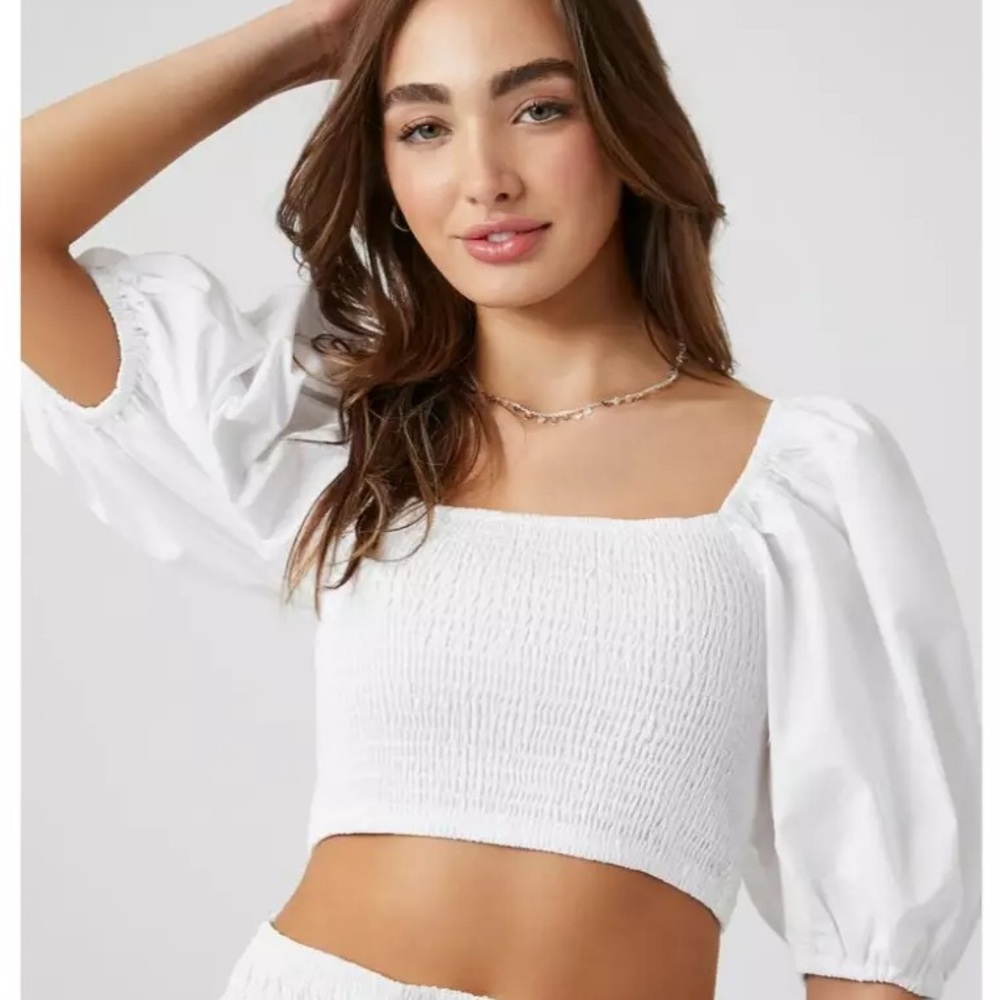 Chic White Smocked Blouse with Puff Sleeves